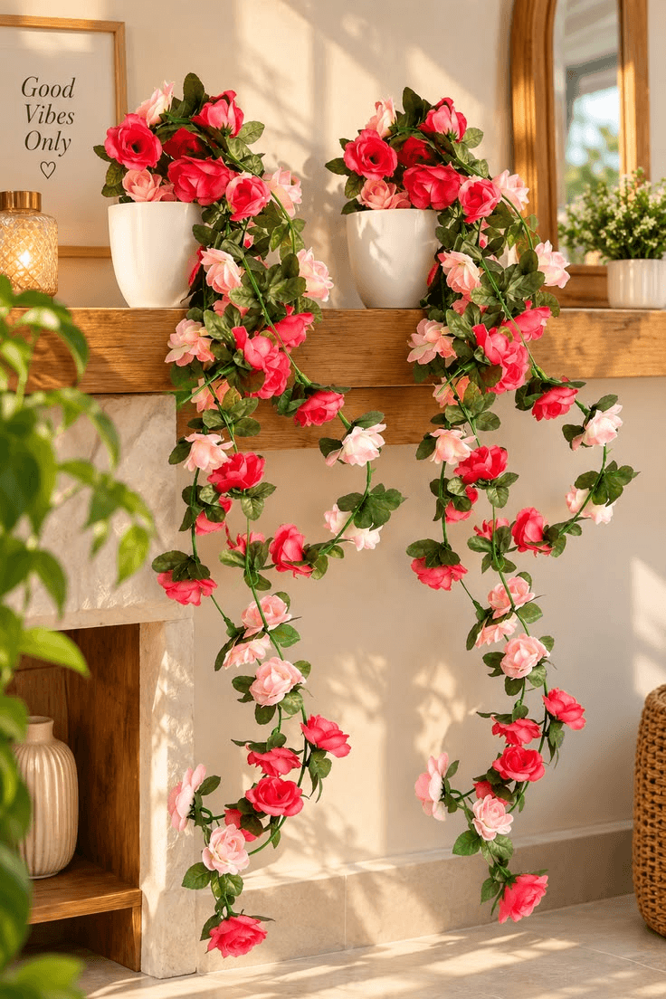 Pink and red artificial flower arrangements in white vases with cascading floral decorations for home décor in Singapore.