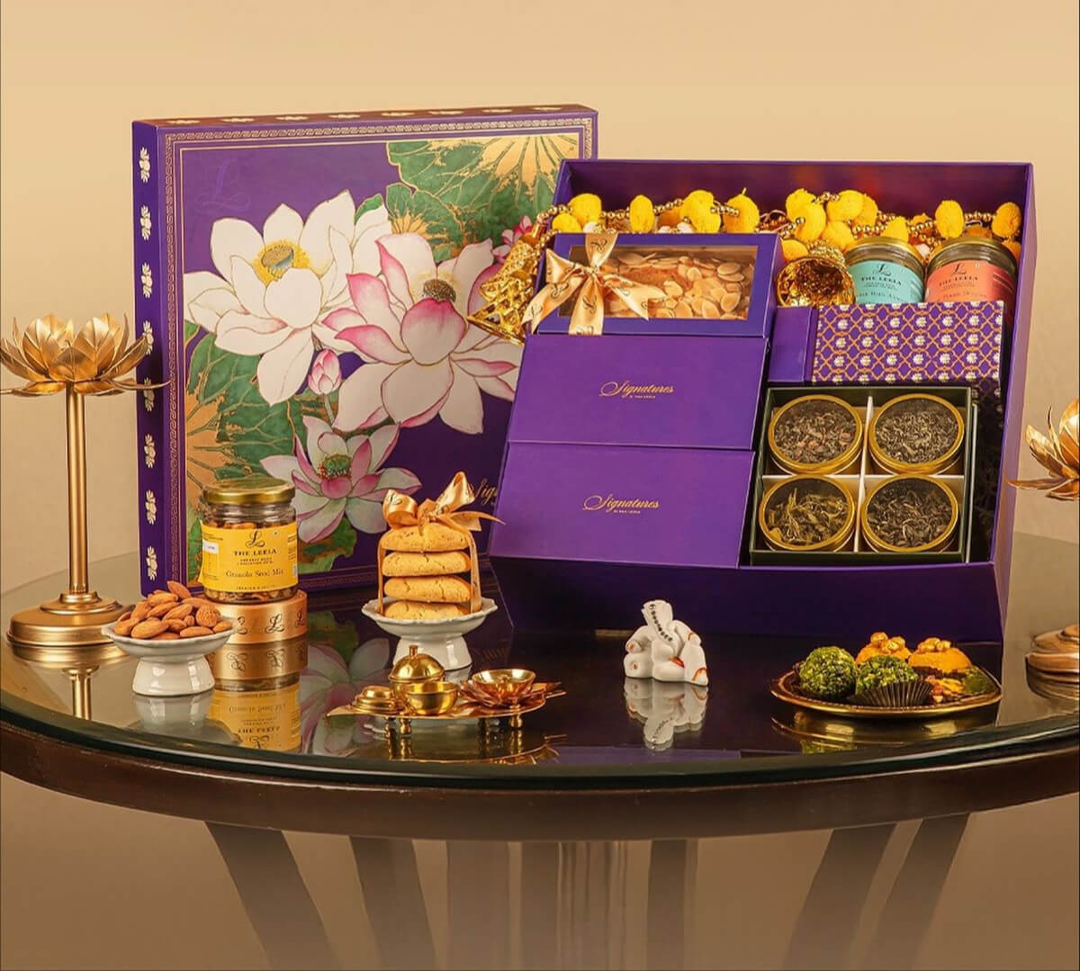 Deepavali gift hamper with purple festive packaging, assorted sweets and decorative accents in Singapore