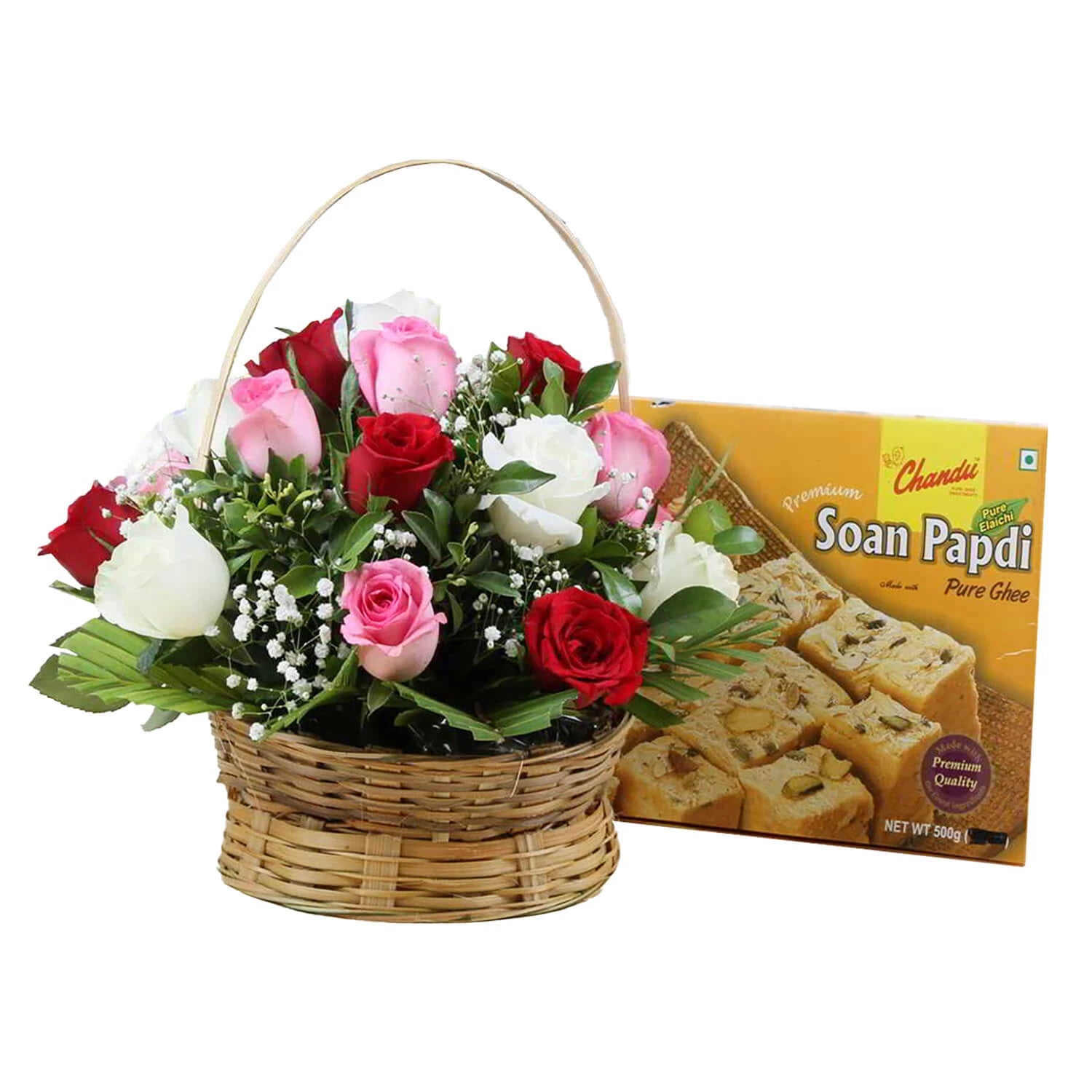 Soan Papdi Sweet With Roses Arrangement