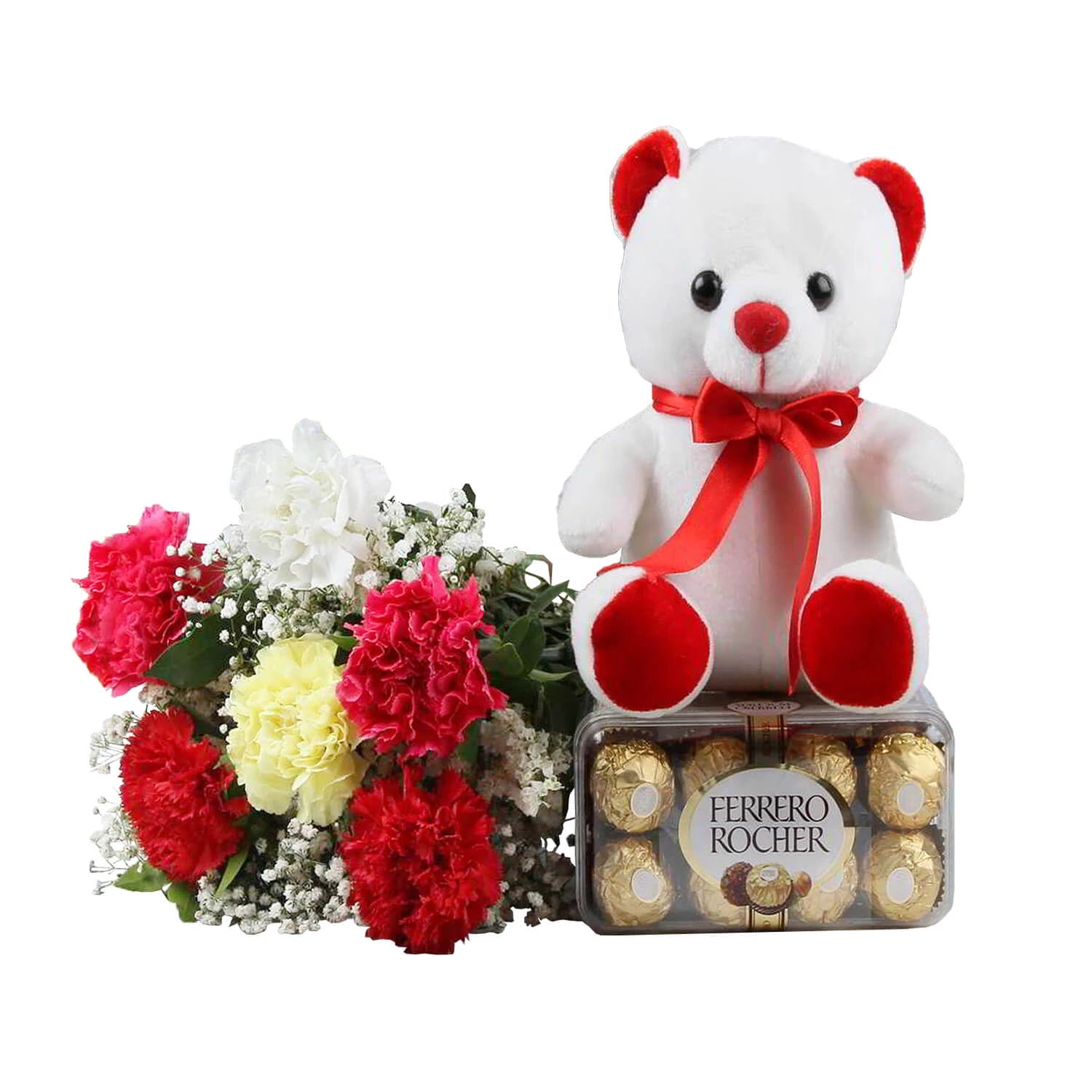 Colorful Carnations With Chocolates And Bear Gifts