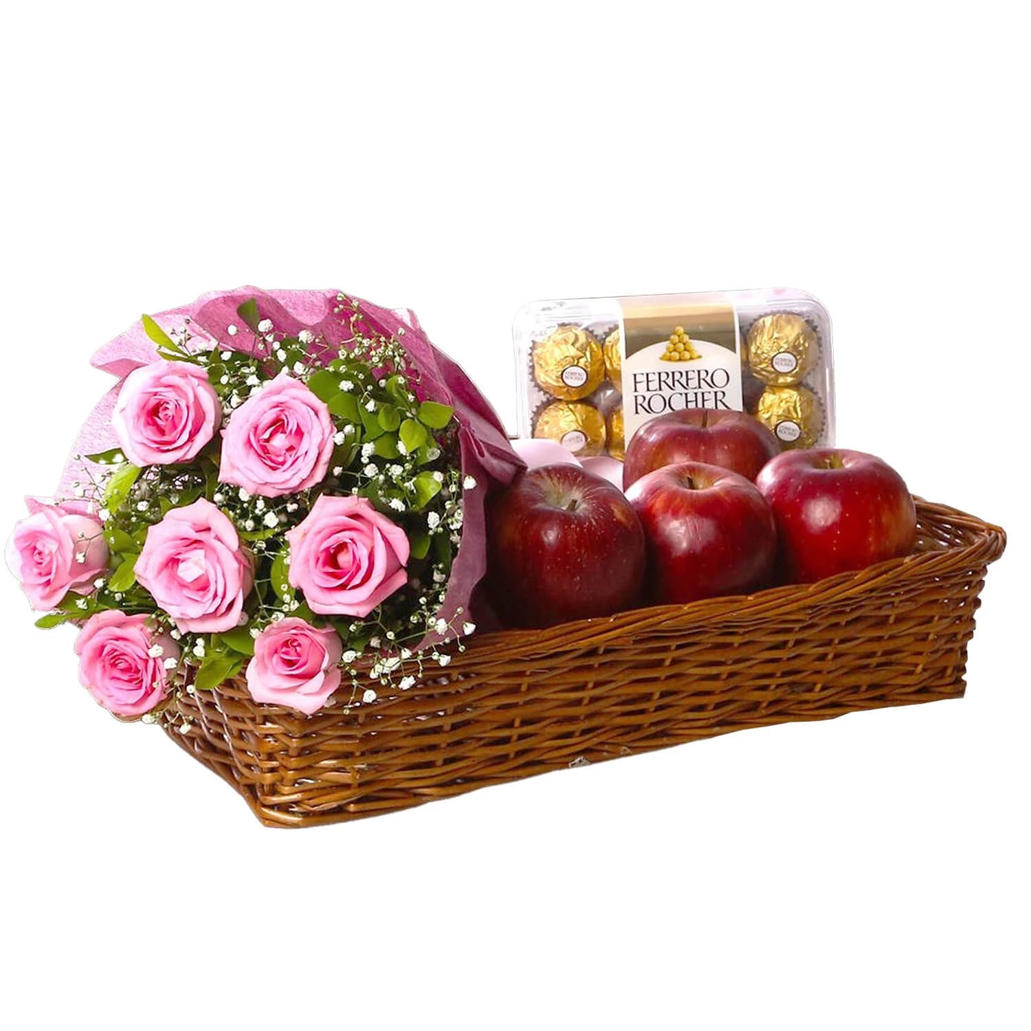 Pink Rose Bouquet With Apple And Ferrero Rocher