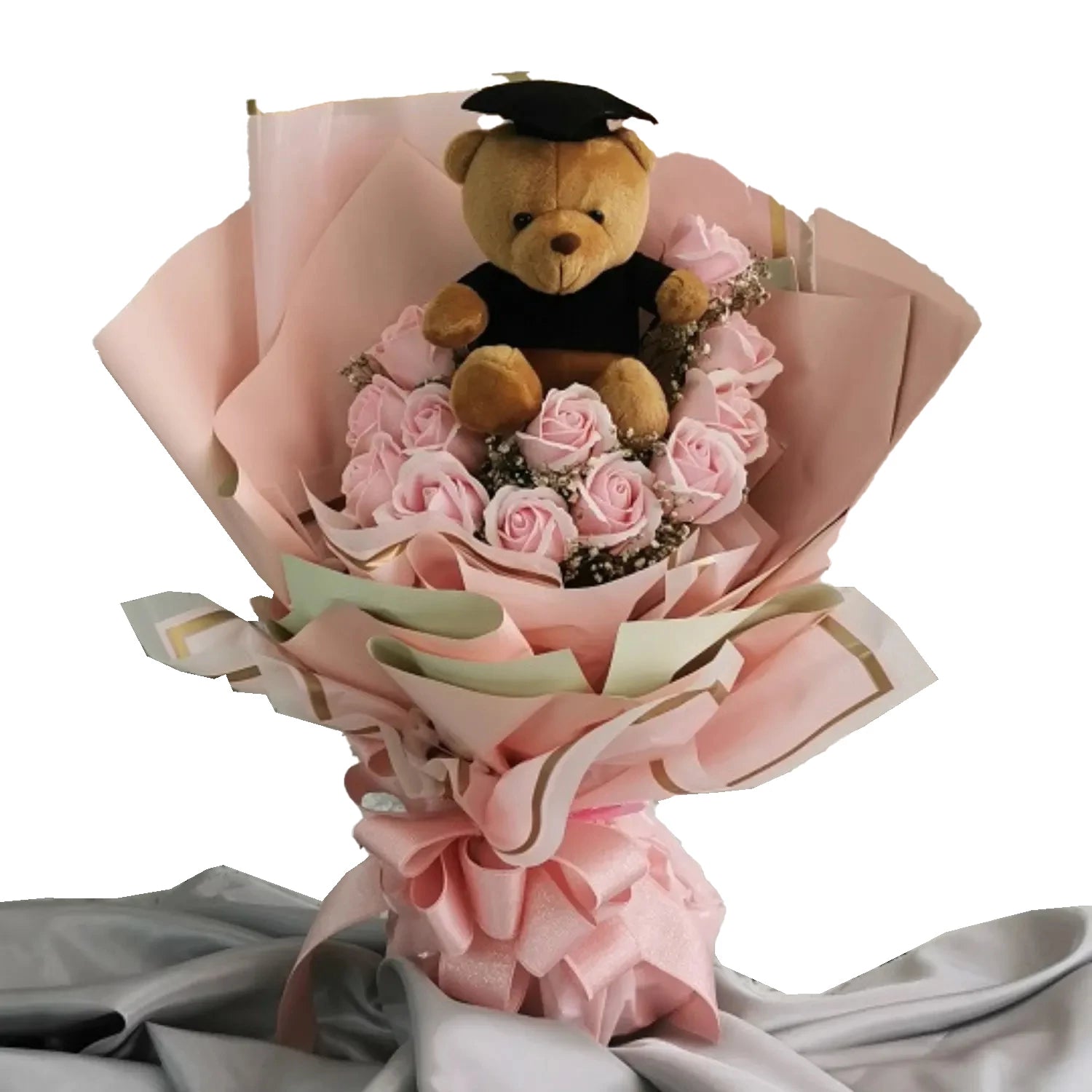 Peachy Graduation Bear Soap Flower Hand Bouquet