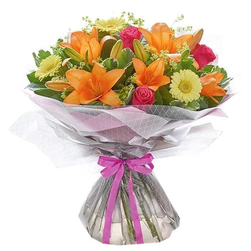 Orange Lilies with Red Roses & Yellow Daisies Flower Bouquet