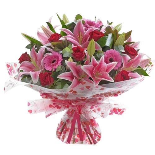 Red Roses, Pink Lilies & Gerbera Flower Bouquet