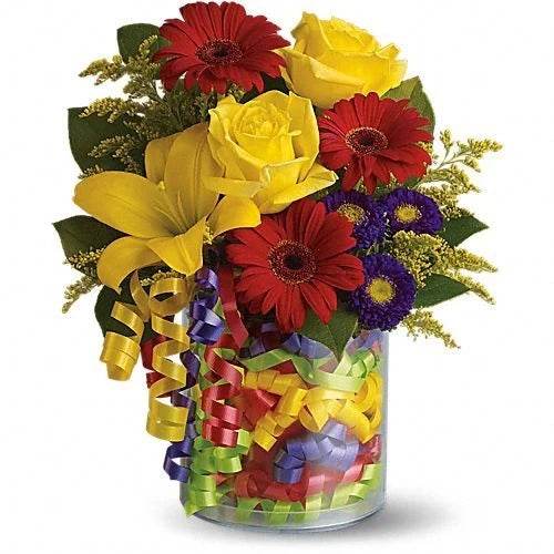 Colourful Flowers with Ribbons Vase